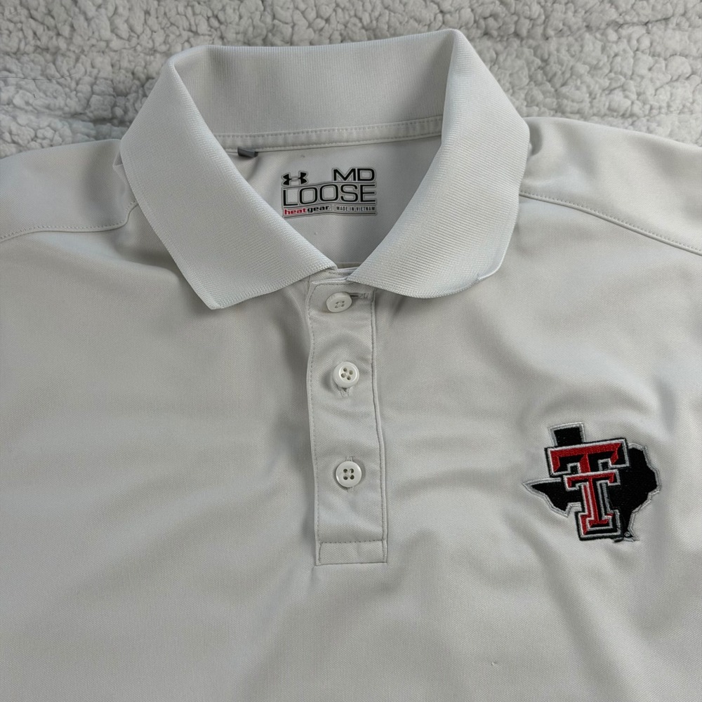 Under Armour Mens Texas Tech Red Raiders HeatGear Polo Shirt White MD Loose Fit